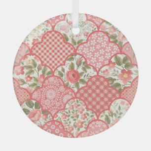 Pastel Roses Floral Patchwork Pattern Glass Tree Decoration