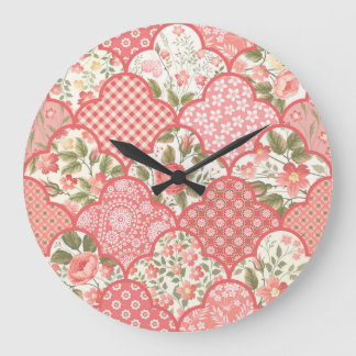 Pastel Roses Floral Patchwork Pattern Large Clock