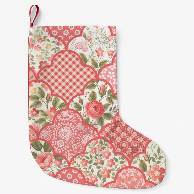 Pastel Roses Floral Patchwork Pattern Small Christmas Stocking (Front)