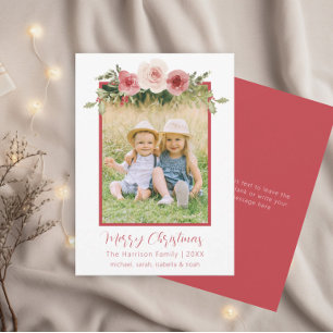 Pastel Roses & Holly Family Photo Christmas Card