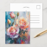 Pastel Roses Modern Abstract Floral Art Postcard<br><div class="desc">A modern impressionist painting of roses, created with textured brushstrokes in soft pastel colours. The delicate shades of pink, peach, and blue blend harmoniously, while the textured layers add depth and dimension to the floral composition. This serene piece captures the timeless beauty of roses in a contemporary, expressive style, making...</div>