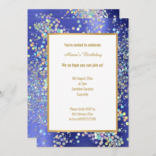 PASTEL ROYAL BLUE TEXTURED HOLOGRAPHIC INVITATION (Front/Back)
