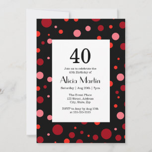 Pastel Ruby Cranberry Polka Dot Black 40 Birthday Invitation