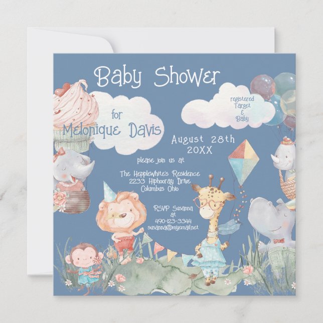 Pastel Safari Animals Personalised Baby Shower Invitation (Front)