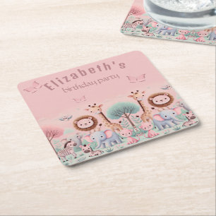 Pastel Safari – Watercolor Jungle Animals    Square Paper Coaster