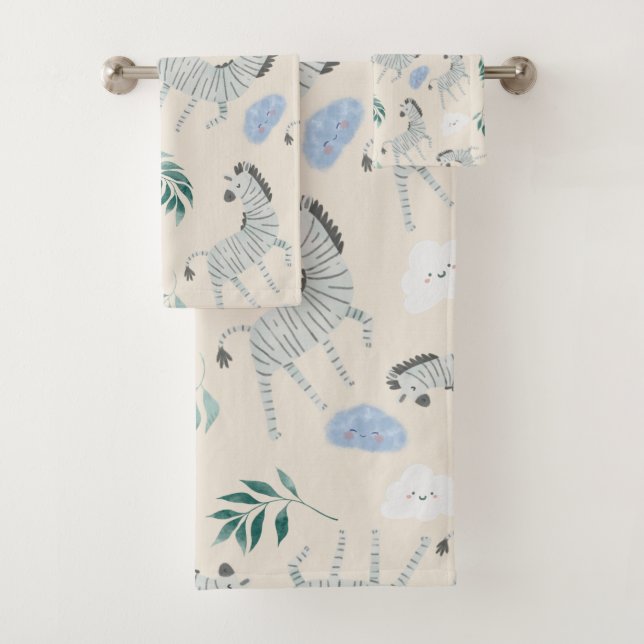 Pastel safari zebra animal pattern nursery pink bath towel set (Insitu)