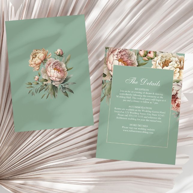 Pastel Sage & Blush Peonies Wedding Details Card (Pastel Sage & Blush Peonies Wedding Details Card on a sunny neutral dry palm leaf.)