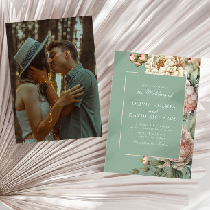 Pastel Sage & Blush Peony Custom Photo Wedding Invitation