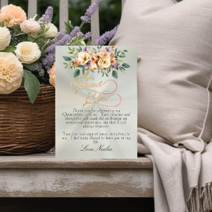 Pastel Sage - Floral & Gold Tiara Quinceanera Thank You Card