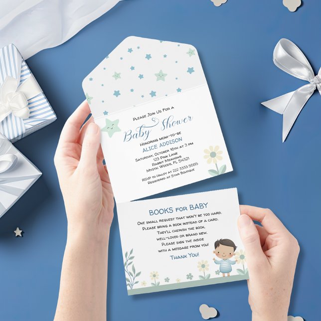 Pastel Sage Green Cute Boy with Stars& Flowers  All In One Invitation (Creator Uploaded)