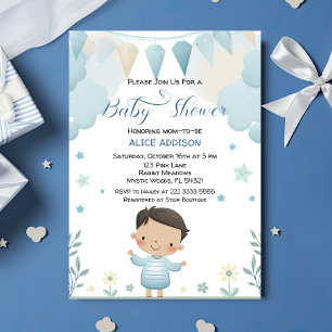 Pastel Sage Green Cute Boy with Stars& Flowers Invitation