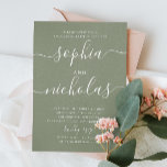 Pastel sage green simple script engagement party invitation<br><div class="desc">Simple minimalist script engagement party invitation in pastel sage green,  pale green colours for woodland summer wedding. Please contact me if you need additional items.</div>