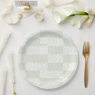 Pastel Sage Green Vintage Patchwork Baby Shower Paper Plate