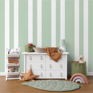 Pastel Sage Green White Stripes Pattern Wallpaper