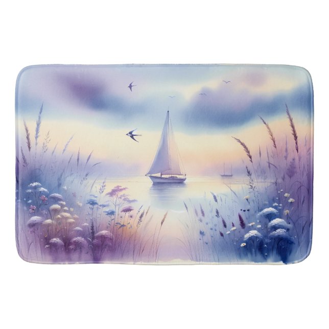 Pastel Sailboat Coastal Dreamscape Bath Mat (Front)