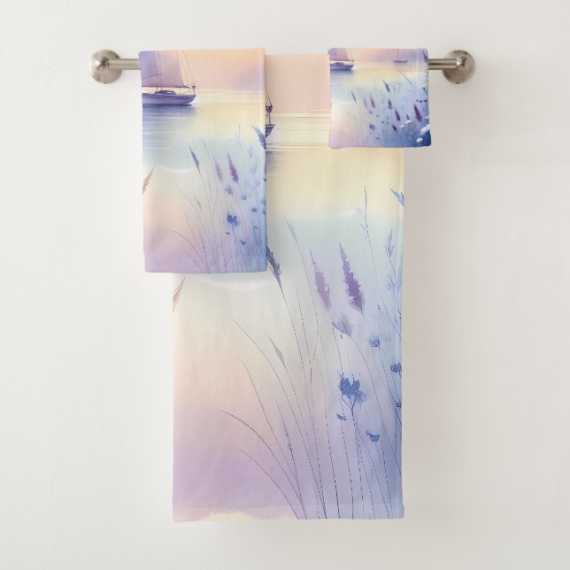 Pastel Sailboat Coastal Dreamscape Bath Towel Set (Insitu)