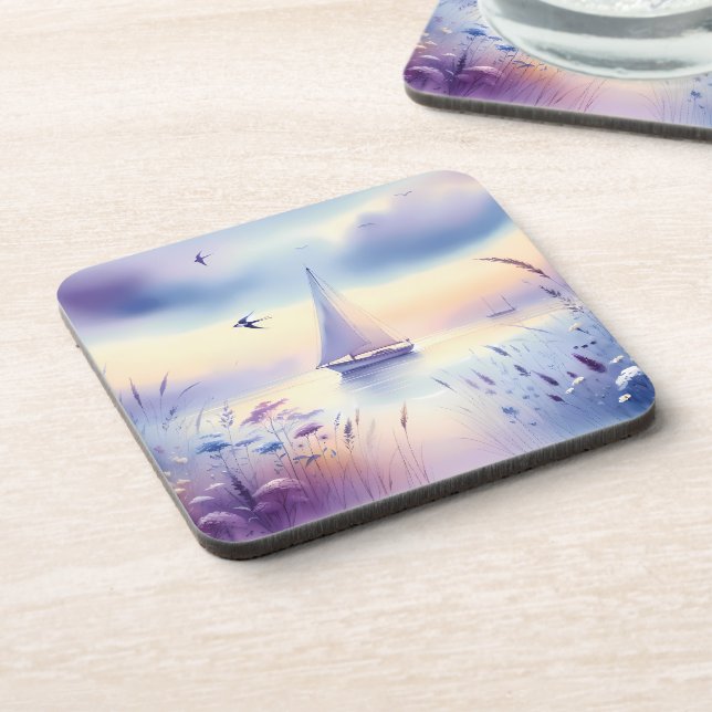 Pastel Sailboat Coastal Dreamscape Coaster (Left Side)