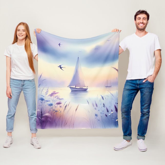 Pastel Sailboat Coastal Dreamscape Fleece Blanket (In Situ)
