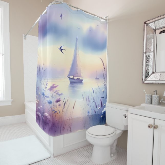 Pastel Sailboat Coastal Dreamscape Shower Curtain (In Situ)