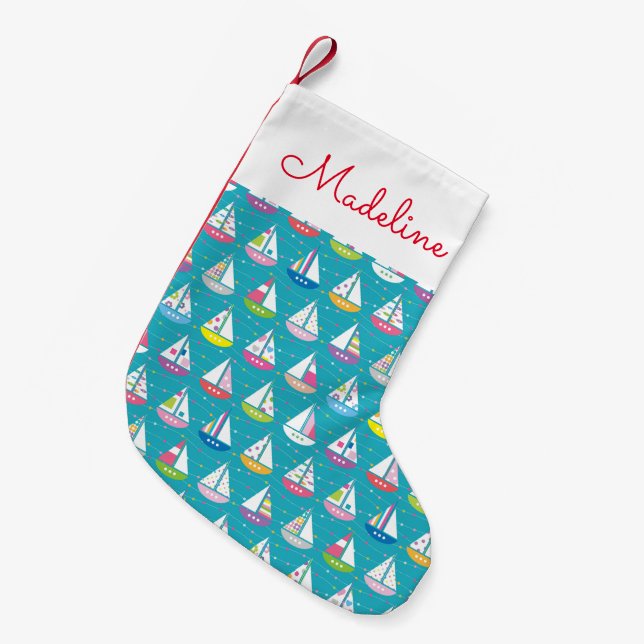 Pastel Sailboat Pattern | Add Your Name Small Christmas Stocking (Front (Hanging))