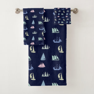 Pastel Sailboat Pattern on Midnight Blue Bath Towel Set