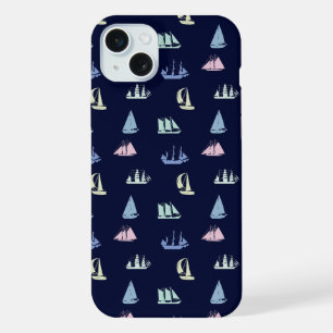 Pastel Sailboat Pattern on Midnight Blue iPhone 15 Plus Case