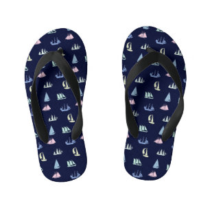 Pastel Sailboat Pattern on Midnight Blue Kid's Jandals