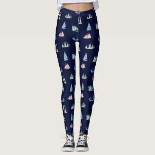 Pastel Sailboat Pattern on Midnight Blue Leggings