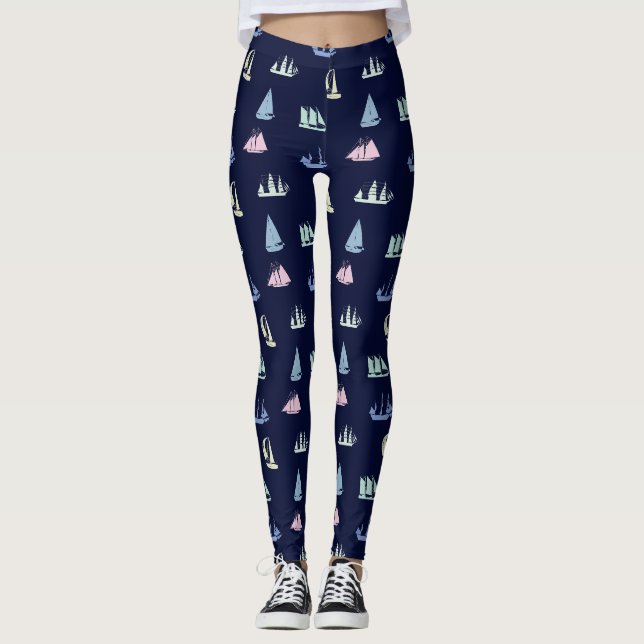 Pastel Sailboat Pattern on Midnight Blue Leggings (Front)