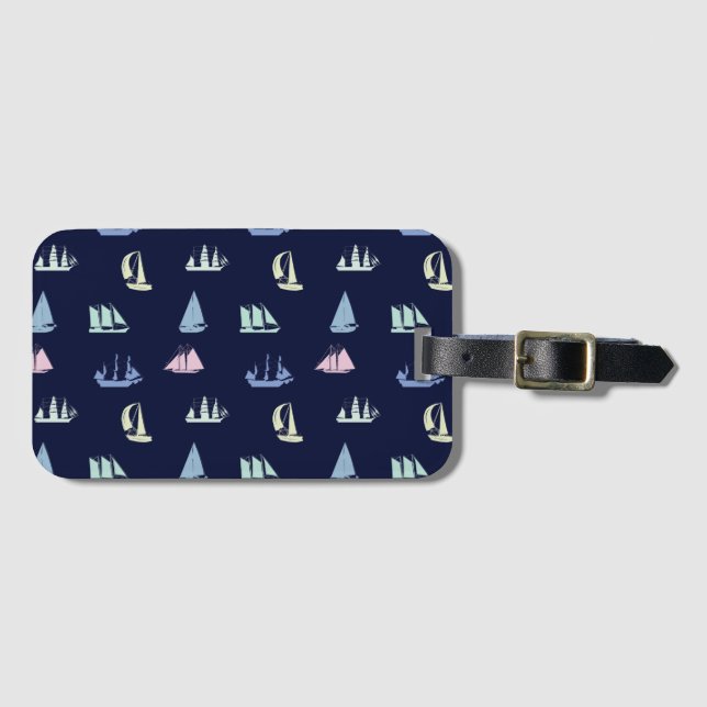Pastel Sailboat Pattern on Midnight Blue Luggage Tag (Front Horizontal)
