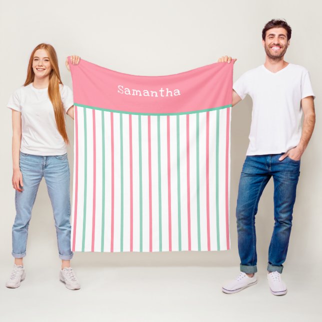 Pastel Salmon Pink Teal Green Stripes Name Fleece Blanket (In Situ)