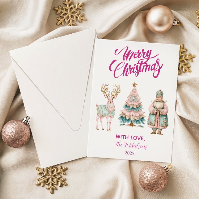 Pastel Santa and Reindeer Christmas Holiday Card (Creator Uploaded)