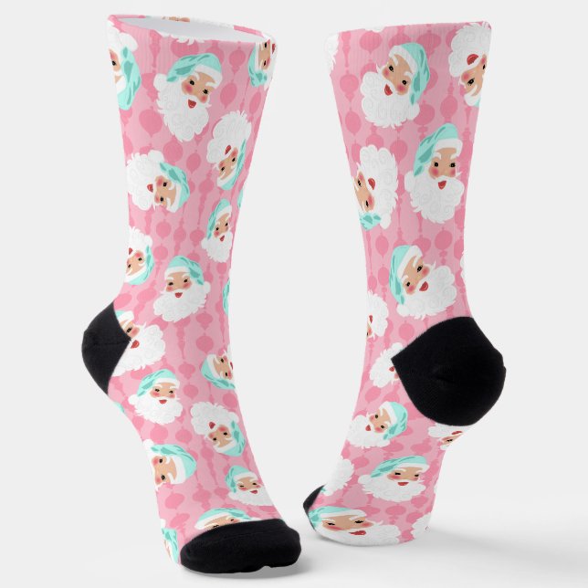 Pastel Santa Claus Faces Vintage Christmas Socks (Angled)