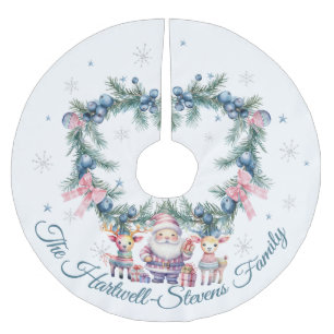 Pastel Santa With His Reindeer & Christmas Foliage Brushed Polyester Tree Skirt