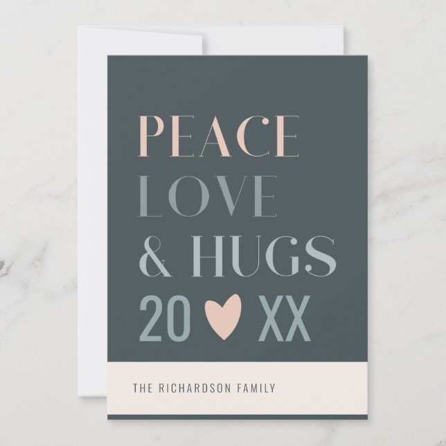 Pastel Scandi Blush Grey Peace Love & Hugs 2023 Holiday Card (Front)