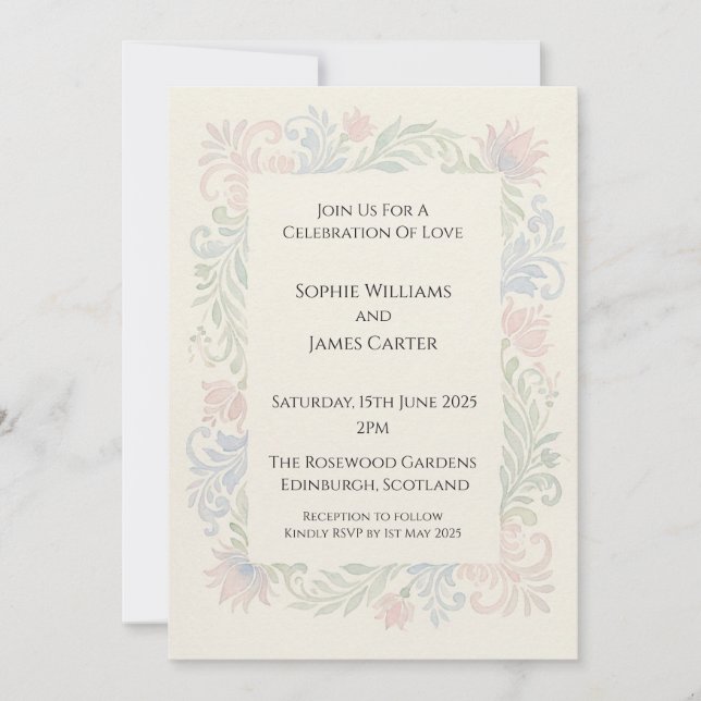 Pastel Scroll Floral Wedding Invitation (Front)