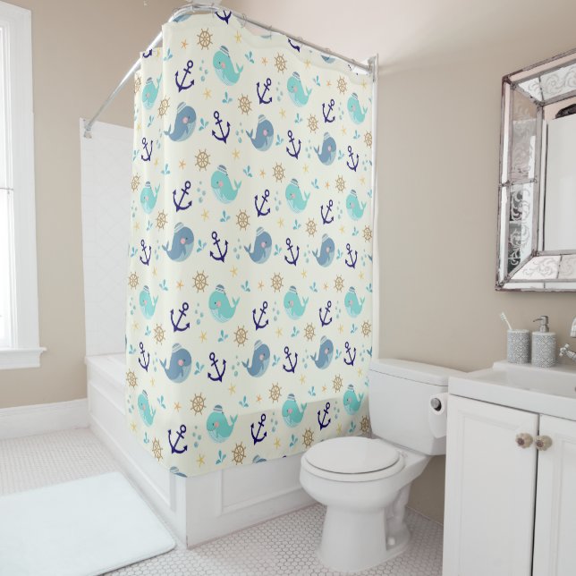 Pastel Sea Creatures – Cute Ocean Pattern Shower Curtain (In Situ)