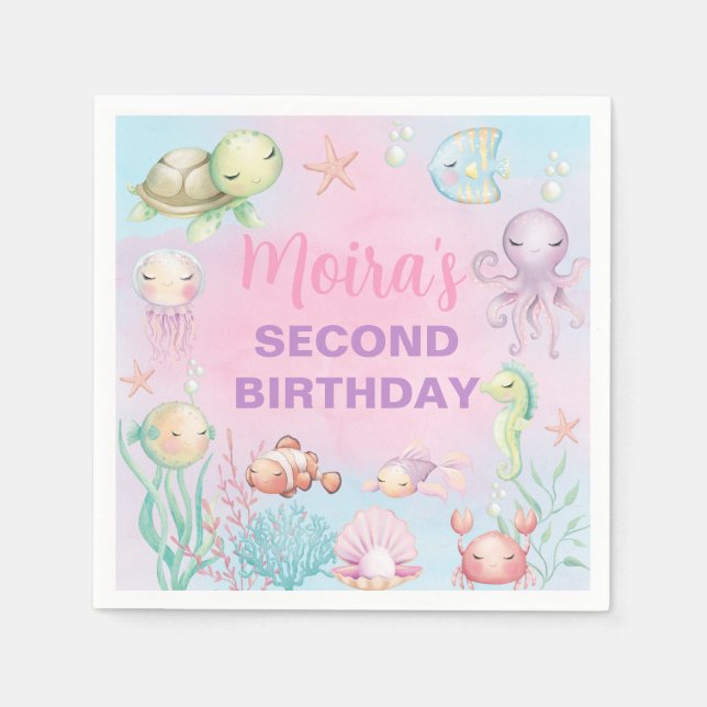 Pastel sea life girl birthday paper napkins. napkin (Front)