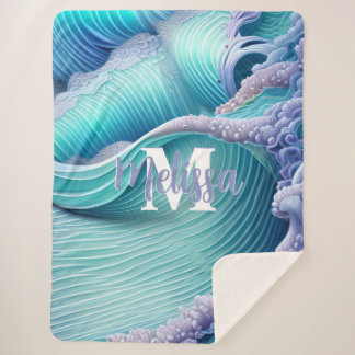 Pastel Sea Waves Monogram Sherpa Blanket