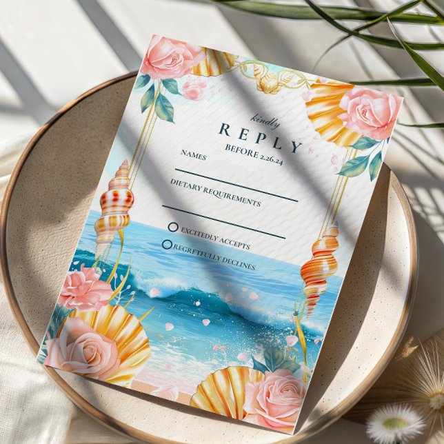 Pastel Seashell Coastal Waters Wedding RSVP Card (Creator Uploaded)