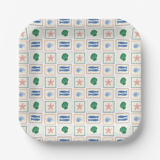 Pastel Seashell Pattern Coastal Boho Modern Paper Plate (Front)