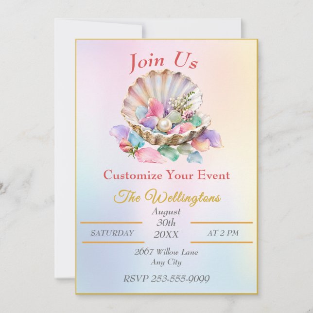 Pastel Seashell Pearl Coastal Design Customise Invitation (Front)
