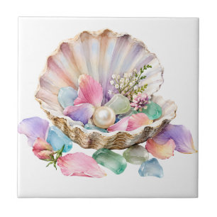 Pastel Seashell Pearl Ocean Beach Coastal Art Tile