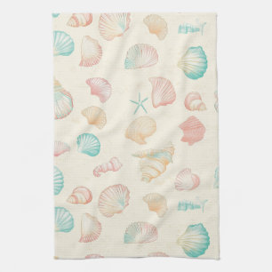 Pastel Seashell Starfish Blue Peach Coastal Tea Towel