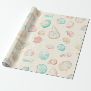 Pastel Seashell Starfish Blue Peach Coastal Wrapping Paper