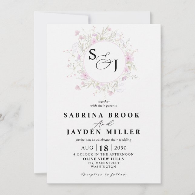 Pastel Shade Blush Pink Wild Floral Wedding Invit Invitation (Front)