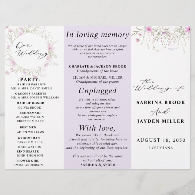 Pastel Shade Pink Wild Floral Wedding Program (Front)
