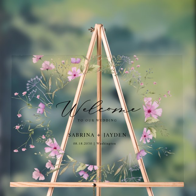 Pastel Shade Pink Wild Floral Wedding Welcome  Acrylic Sign (Neutral)