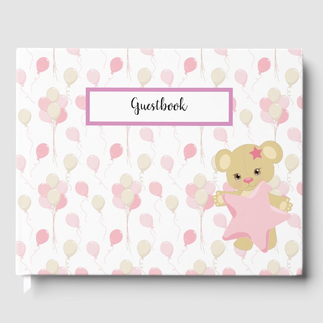 PASTEL  SHADES OF PINK & TAN BALLOONS & TEDDY BEAR GUEST BOOK (Front)