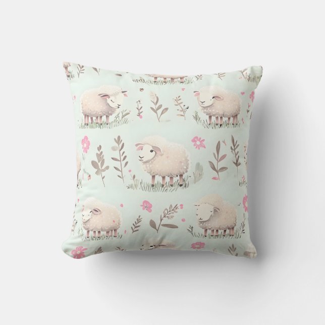 Pastel Sheep and Floral Pattern Throw Pillow (Front)